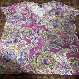 Ralph‎ Lauren Women's Top Blouse Plus 1X Paisley Purple 100% Cotton Short Sleeve